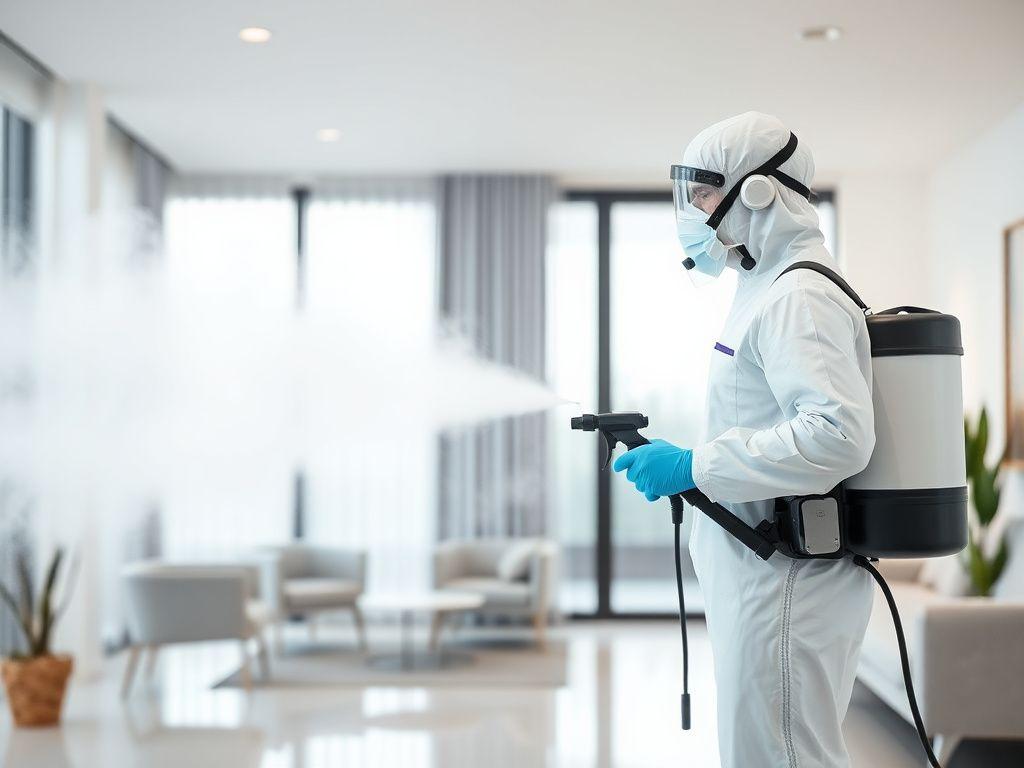 Technician in protective gear fogging a room with disinfectant mist