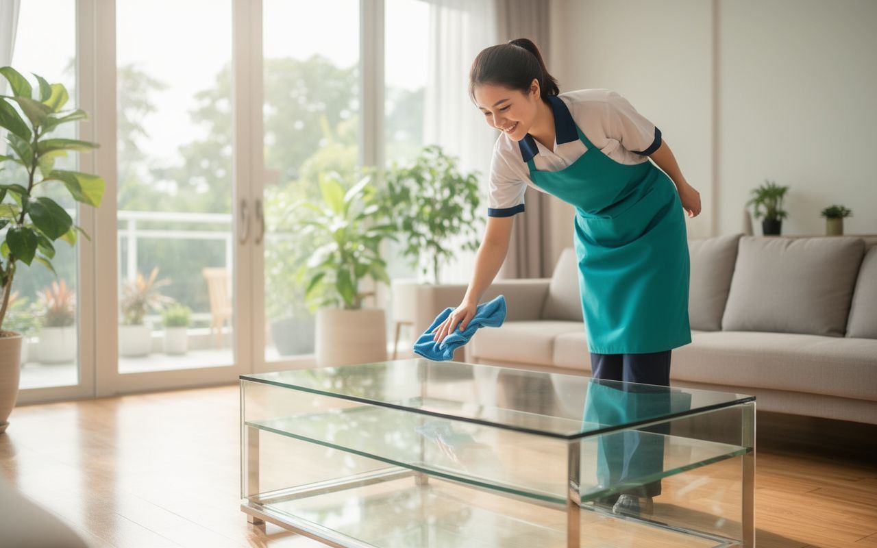 Craftwell cleaner polishing a glass table in a bright modern living room
