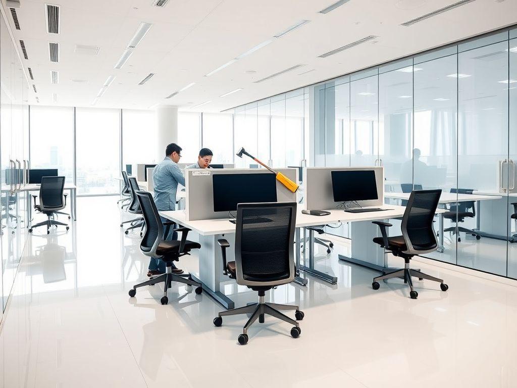 Cleaner wiping desks in a bright open-plan office