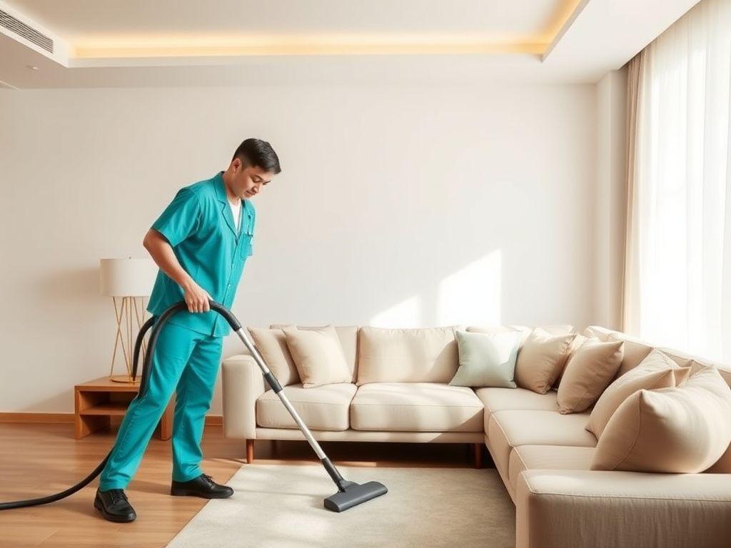 Cleaner vacuuming a bright modern apartment living room