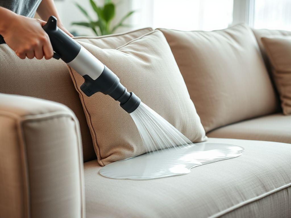 Technician cleaning a fabric sofa with a hot water extraction machine